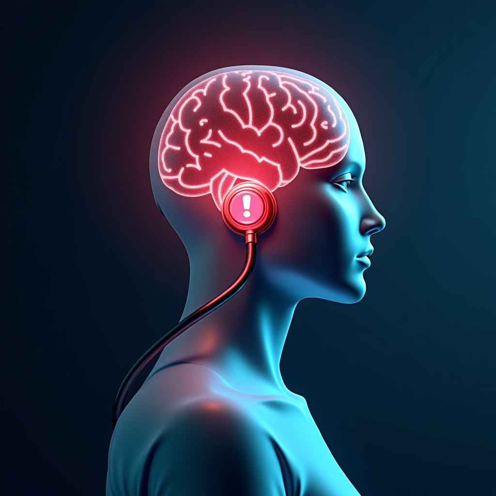 A conceptual image showing a glowing digital AI brain connected to a medical stethoscope. A red warning sign or error symbol is subtly integrated into the background. The aesthetic is clean and modern with high contrast. Professional medical technology concept. 1:1