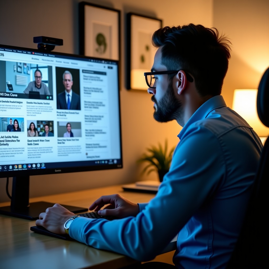 A professional editor in a modern office looking at a computer screen showing news articles with AI generated labels, realistic photography, natural warm lighting, 4:3