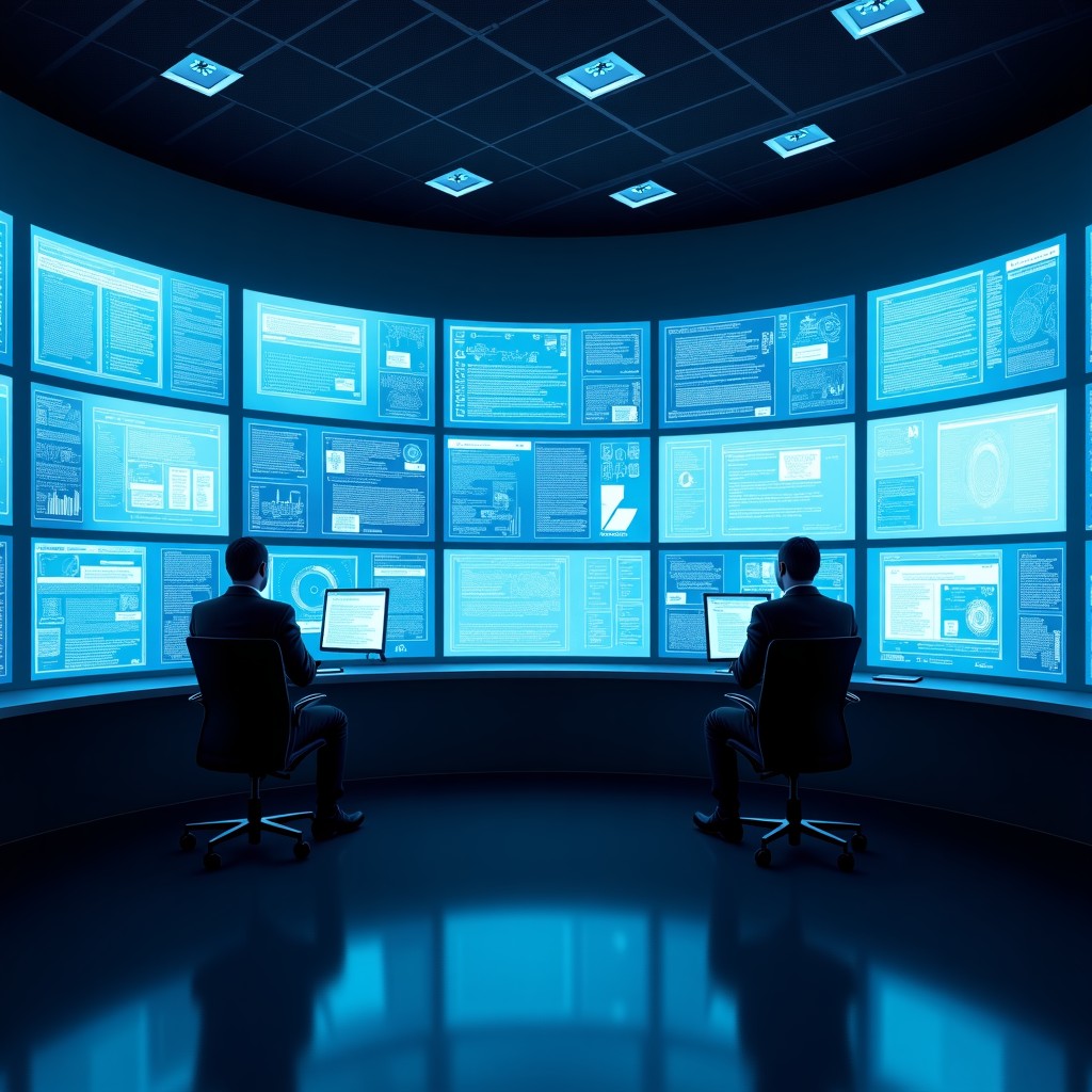 A high-tech digital monitoring room with multiple screens displaying abstract data visualizations and security codes. A professional setting focused on AI safety and content moderation. The atmosphere is serious and futuristic. No text on screens. 4:3
