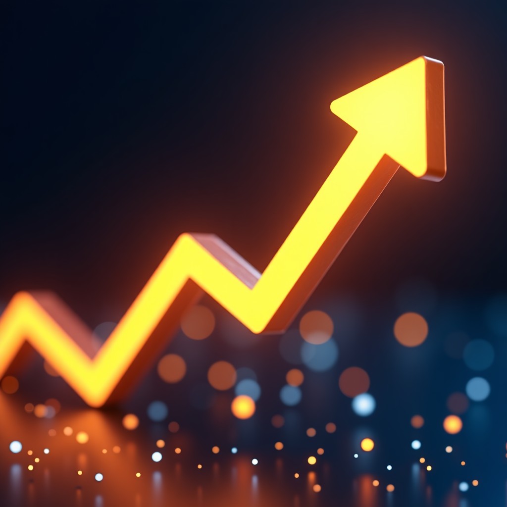 A 3D rendered golden arrow trending upwards through digital light particles and data nodes, dark background with glowing orange and blue lights, high contrast, 4:3