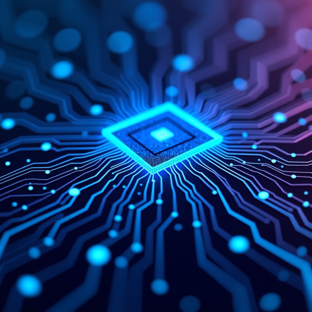 Digital circuit board with glowing data nodes and neural network patterns, representing advanced AI processing, futuristic blue and purple tones, high contrast, 4:3