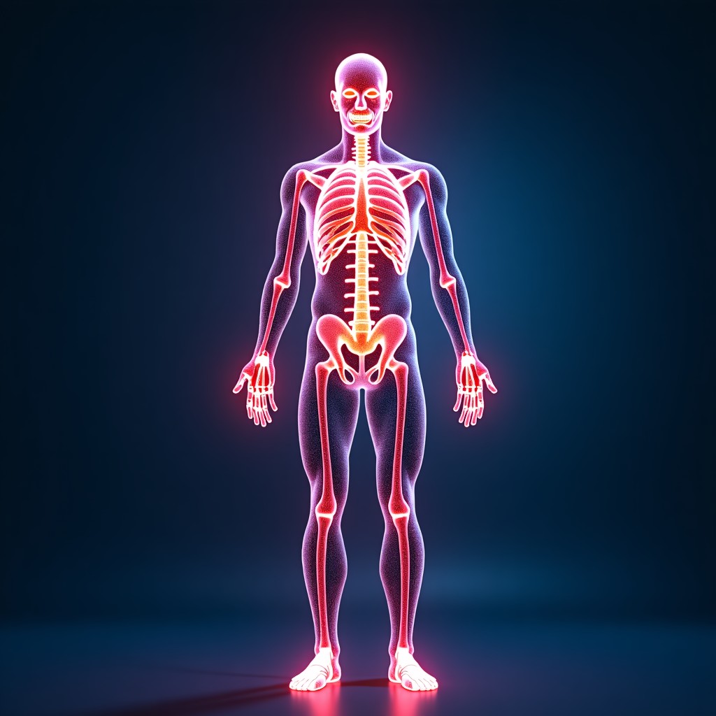 Conceptual illustration of digital data streams forming a distorted human anatomy, symbolizing AI misinformation in healthcare, vibrant colors, 4:3
