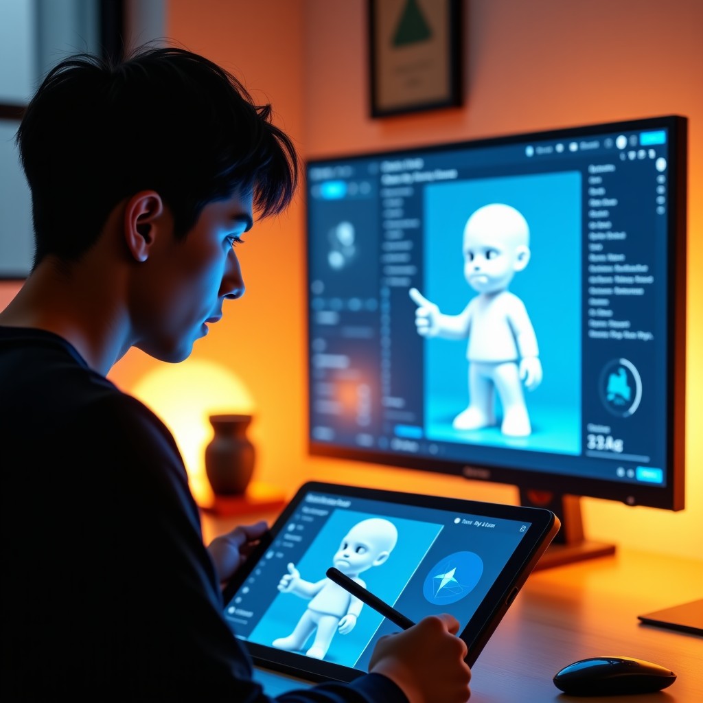 A modern game development studio where a Korean developer is using a stylus to refine a 3D character model on a large tablet. AI-assisted wireframe overlays are visible on the screen. Warm indoor lighting with a professional creative atmosphere. 1:1