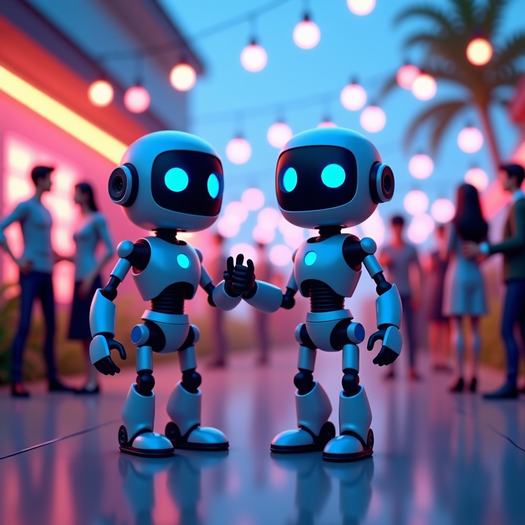 High quality 3D animated robot characters dancing at a modern rooftop party with humans. Vibrant blue and silver colors, cinematic lighting, realistic textures, festive atmosphere. 4:3