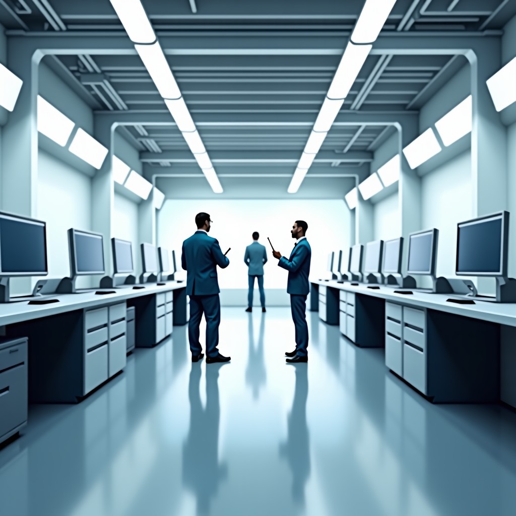 A futuristic laboratory setting where engineers are working on AI integration for humanoid robots, clean layout, high contrast. 1:1