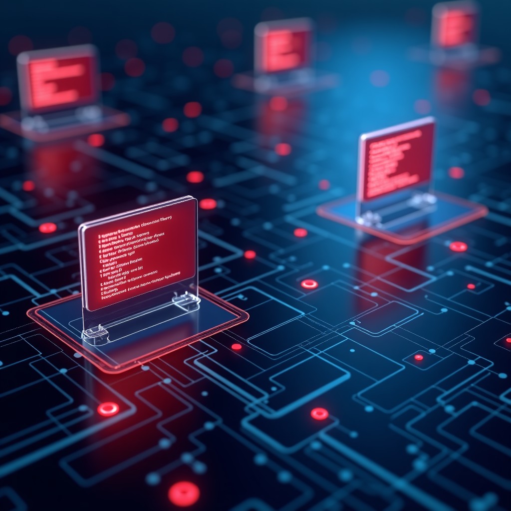 A high-tech digital interface showing AI monitoring systems with red warning flags and abstract data streams representing online chats. The atmosphere is serious and professional with deep blue and red lighting. No text. 4:3