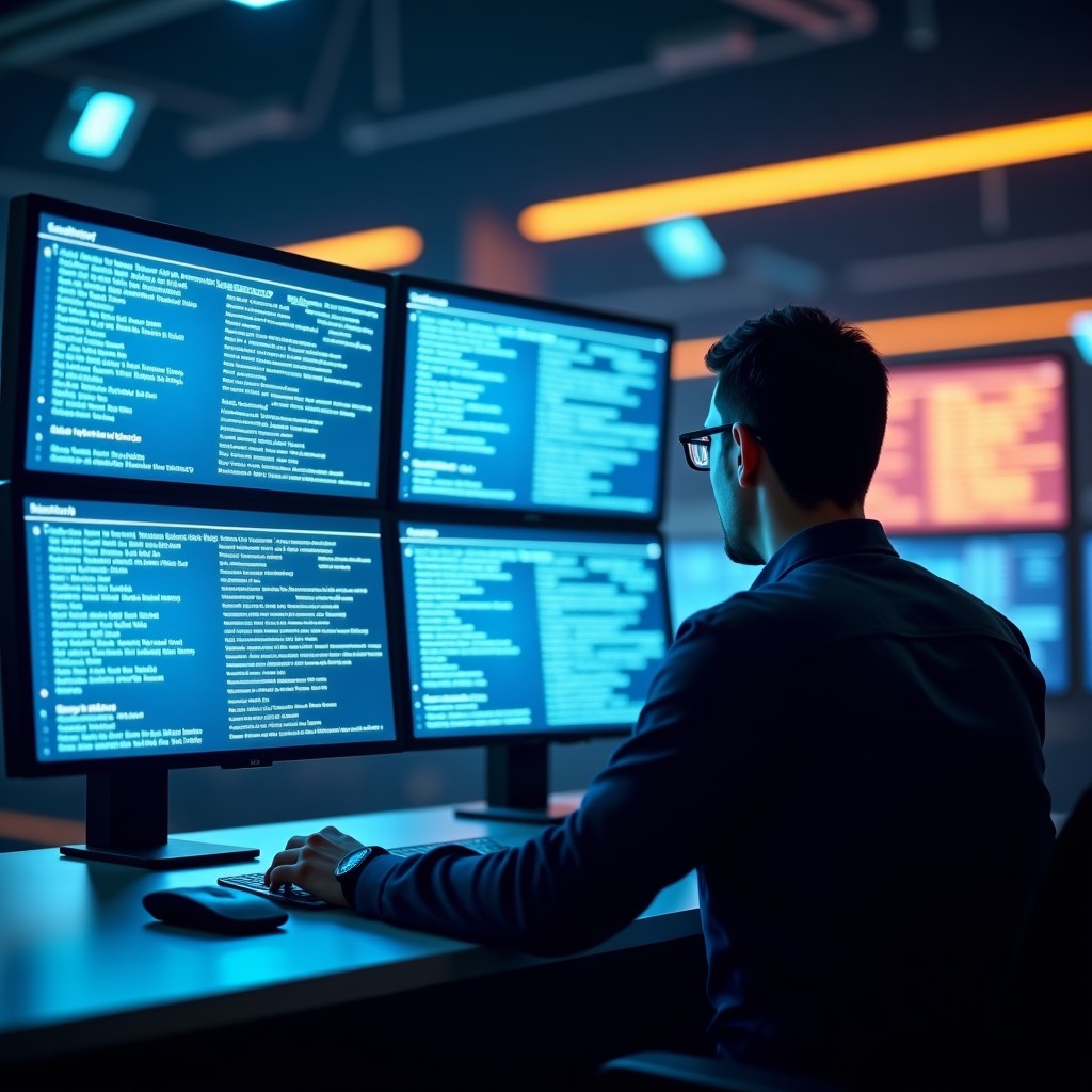 A professional technician monitoring a futuristic server room with holographic displays showing a system shutdown sequence for a large language model. The atmosphere is high-tech and serious. Cinematic lighting with blue and orange tones. 4:3