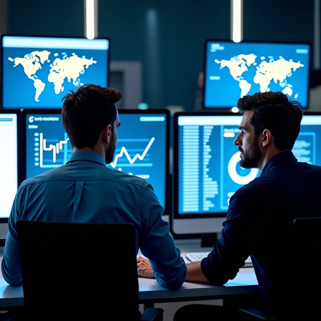 Professional tech analysts comparing different AI models on multiple monitors in a modern office, graphs and data visualizations on screen, focused atmosphere, 4:3