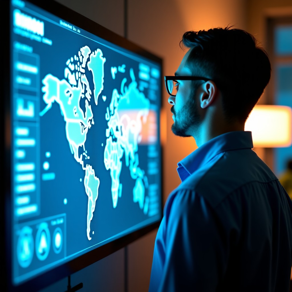 A professional engineer looking at a futuristic digital screen showing a clear map of data origins and AI decision paths. Warm office lighting, realistic cinematic photography, 4:3
