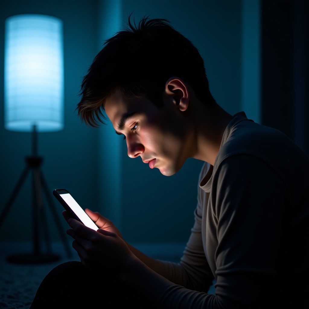 A person sitting in a dimly lit room looking at a glowing smartphone screen with a sad expression, conceptual representation of digital loss, cinematic lighting, 4:3