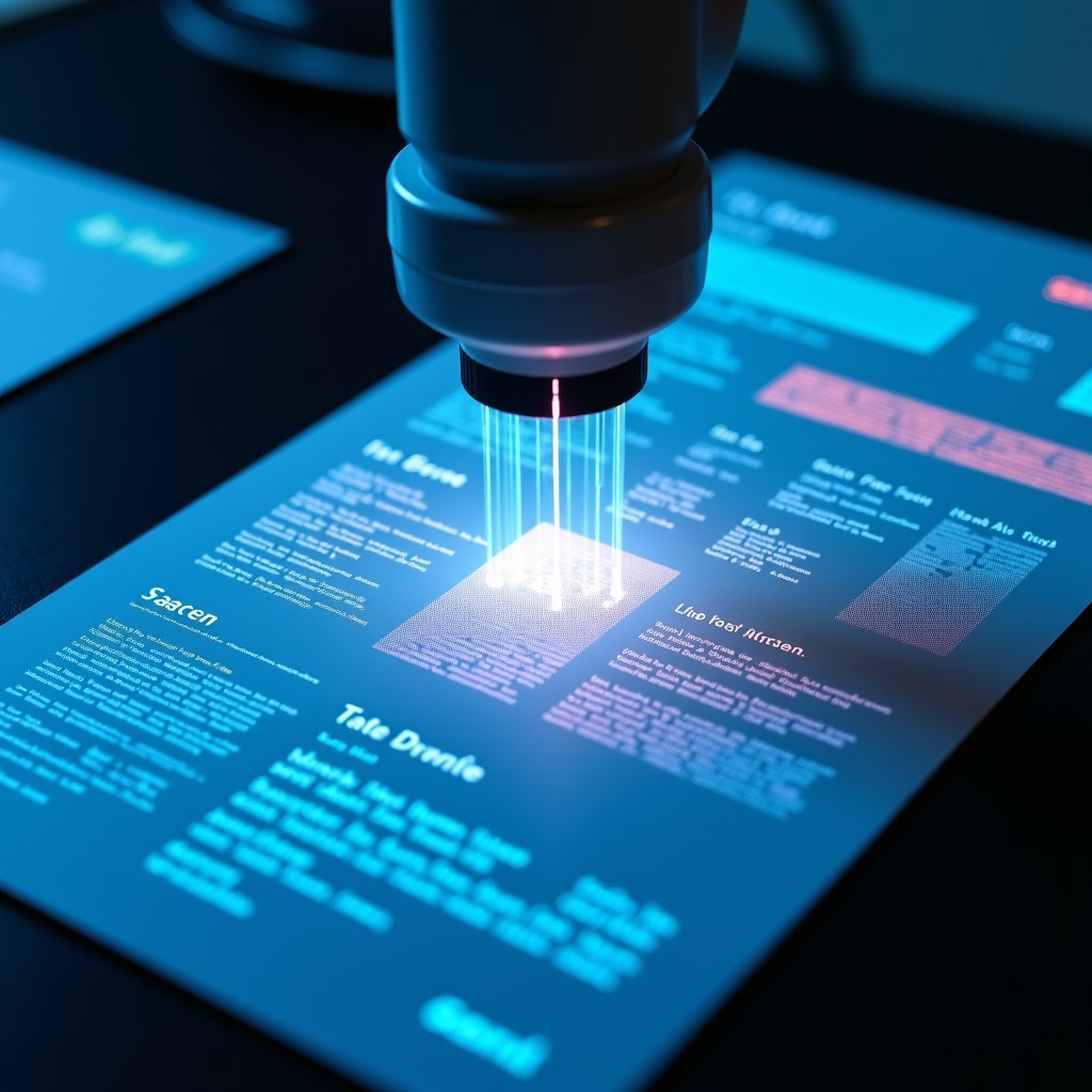 A digital document being scanned by a laser grid, different sections like headers, tables, and images highlighted in distinct glowing colors, data extraction visualization, futuristic laboratory atmosphere, 4:3