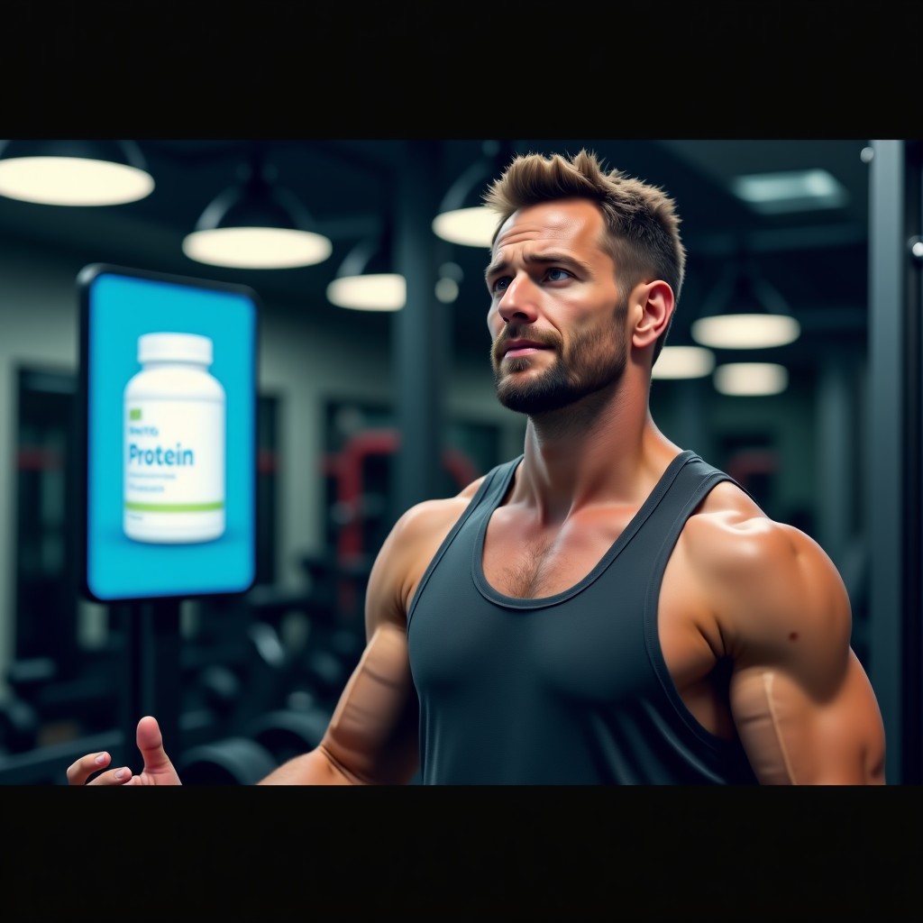 A humorous scene showing a man exercising while a digital AI assistant interrupts with a protein supplement advertisement, confused expression on the man's face, cinematic lighting, 1:1