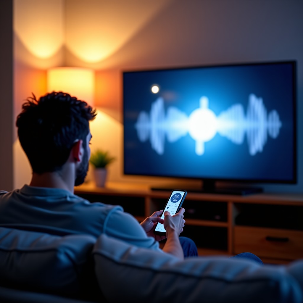 A person sitting on a sofa using a TV remote to talk to an AI assistant, visual voice waves appearing on the TV screen, cozy home atmosphere, soft lighting, 4:3