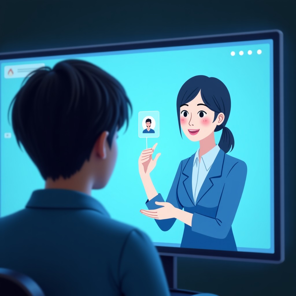 A Korean person looking at a holographic screen showing a friendly virtual assistant, 4:3