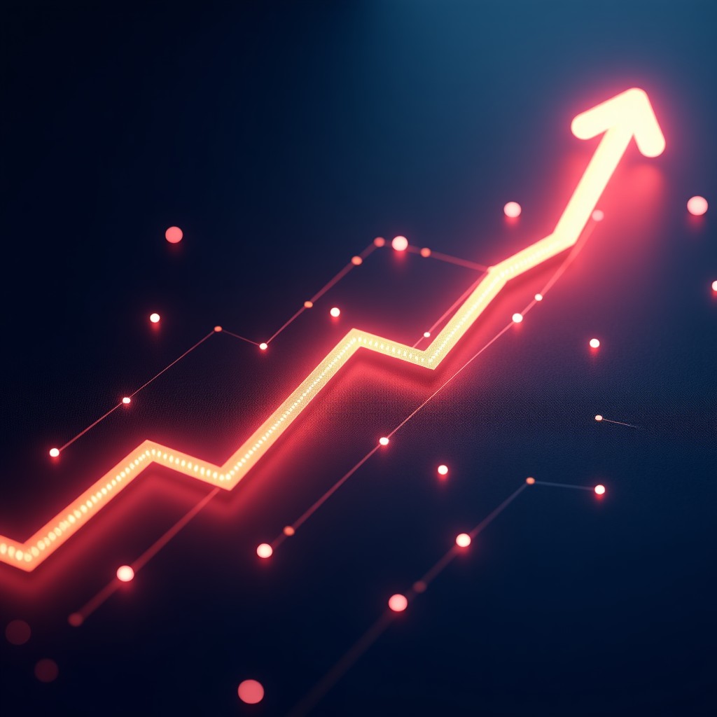 Abstract representation of high-speed data processing and efficiency, glowing lines forming a rising graph against a dark textured background, cinematic lighting, 4:3