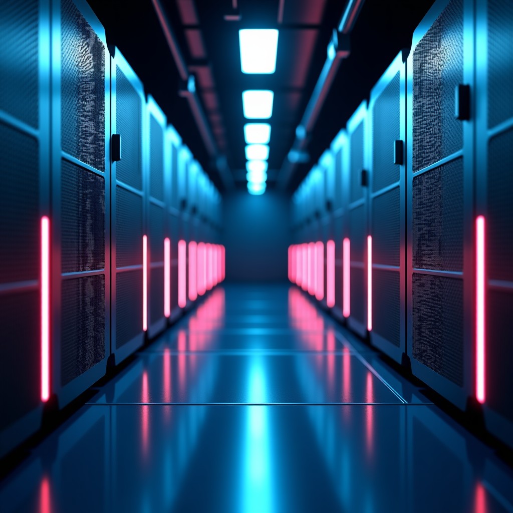 A futuristic server room with glowing fiber optic cables and data streams representing AI content verification. High-tech aesthetics, balanced lighting, deep perspective, no text. 4:3