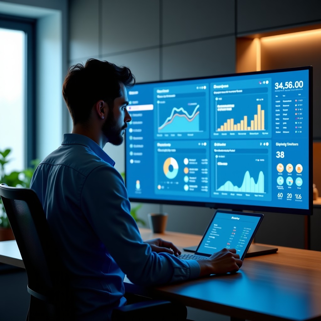 An office worker efficiently managing multiple digital tasks using a futuristic AI dashboard interface, professional atmosphere, soft lighting, 4:3