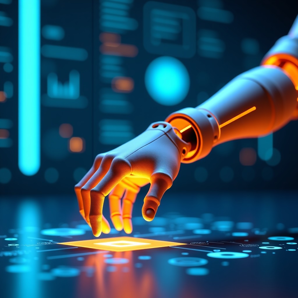 A digital interface showing a 3D robotic arm model with data points and AI neural network overlays. Tech laboratory background, blue and orange theme, detailed composition, 1:1