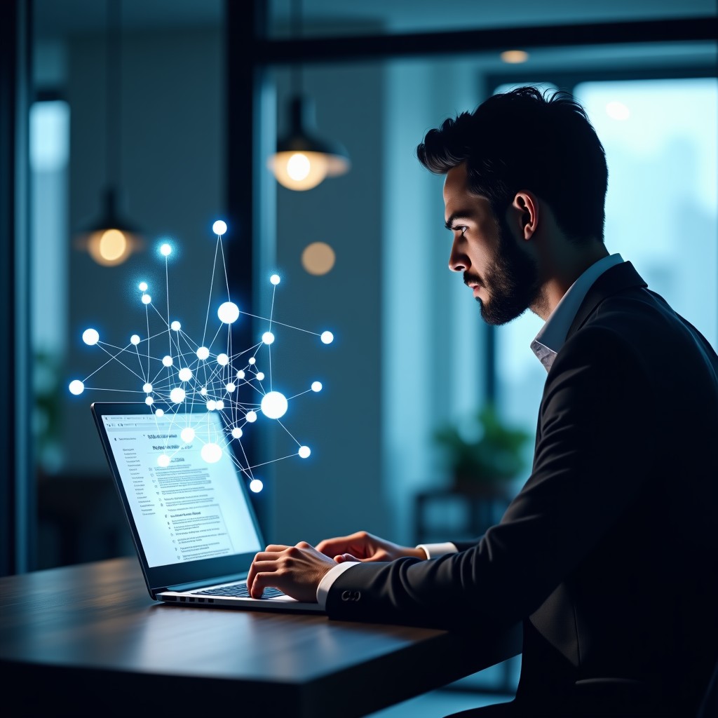 A professional office worker looking concerned at a laptop screen where digital AI particles are floating. High contrast, modern layout. 4:3