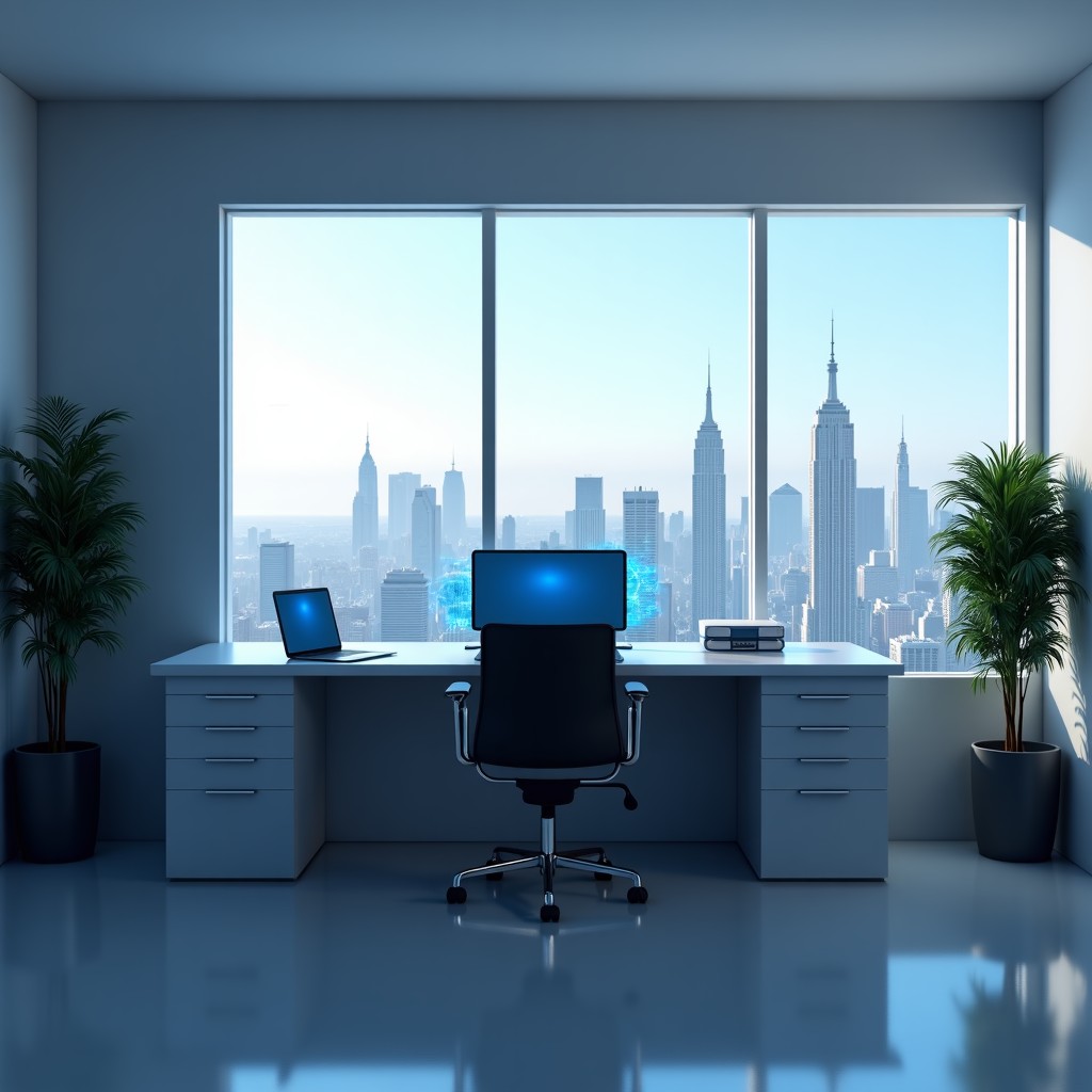 A clean and sophisticated home office setup with holographic displays and high-end hardware, overlooking a futuristic city skyline, minimalist and professional, 1:1