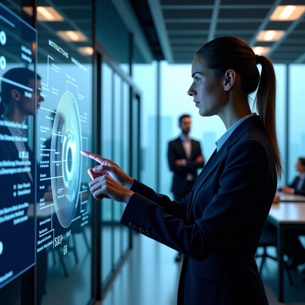 A professional office worker interacting with a sophisticated AI holographic interface while speaking with a person in the background. The scene emphasizes human-centric communication assisted by technology. High-tech, clean, professional lighting. 4:3