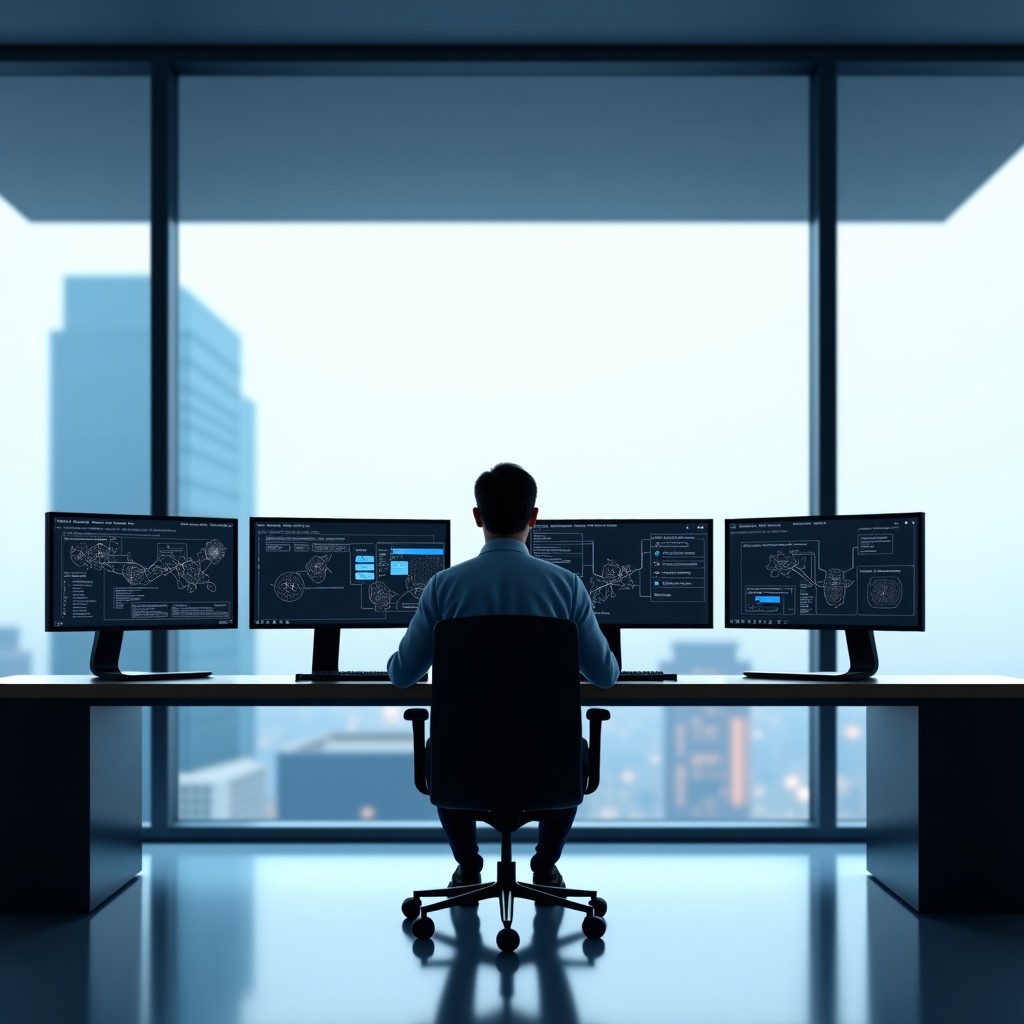 A modern minimalist office with a person sitting at a large desk with multiple screens. The screens display complex network diagrams and data flows managed by AI. A large window shows a blurred city view. Bright and clean lighting. No text. 4:3