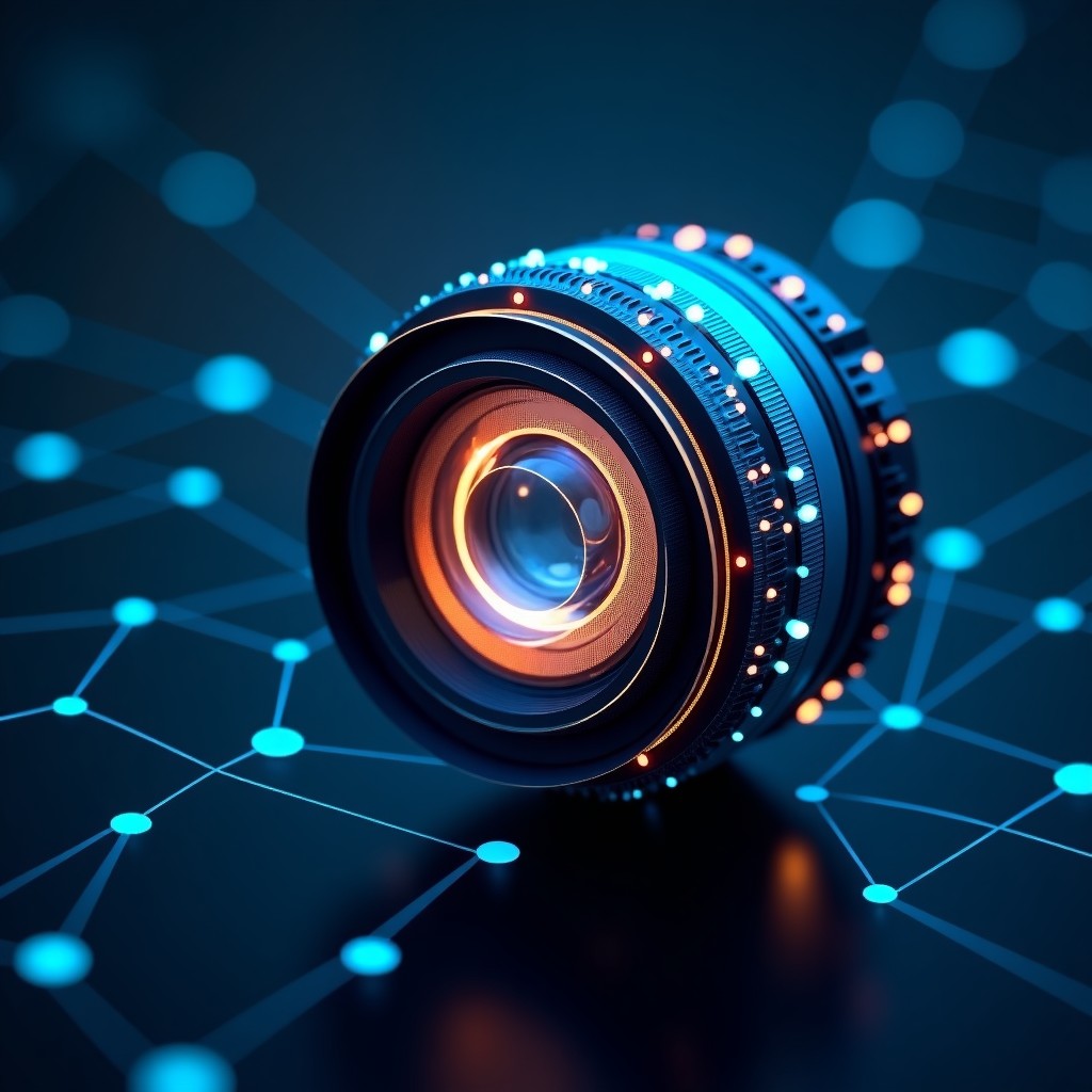 A conceptual high tech camera lens with glowing blue and gold neural network lines emanating from it representing advanced artificial intelligence integration. 1:1