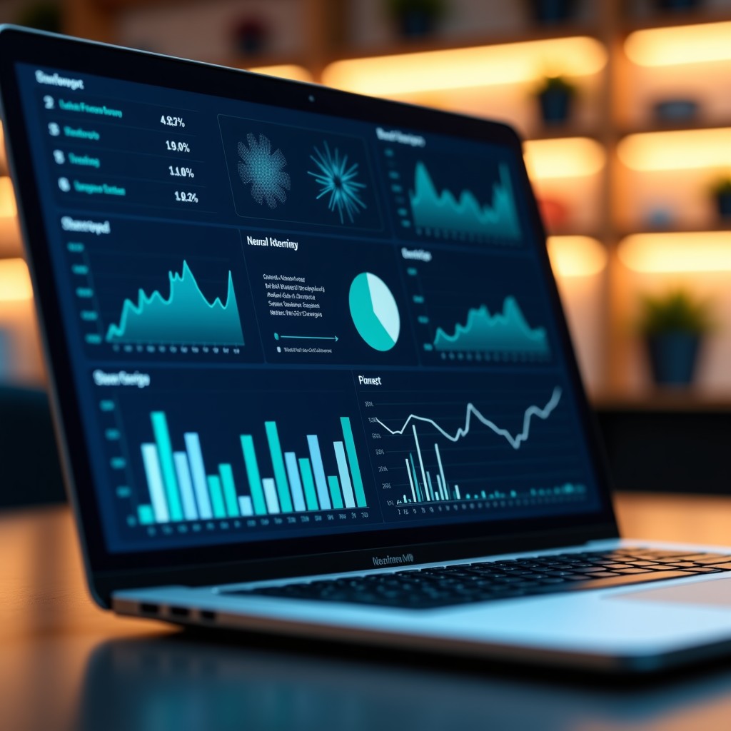 A close-up of a high-end laptop screen displaying a complex data analytics dashboard with neural network visualizations and financial charts. The background is a blurred modern office setting with warm lighting. 4:3