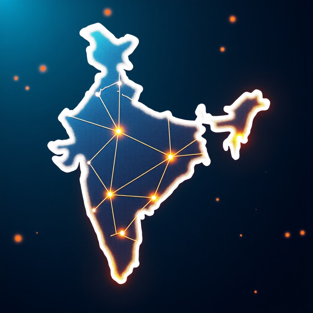 Abstract representation of AI neural networks connecting across a map of India and Southeast Asia, glowing data streams and nodes in blue and gold colors, artistic and textured background, 4:3