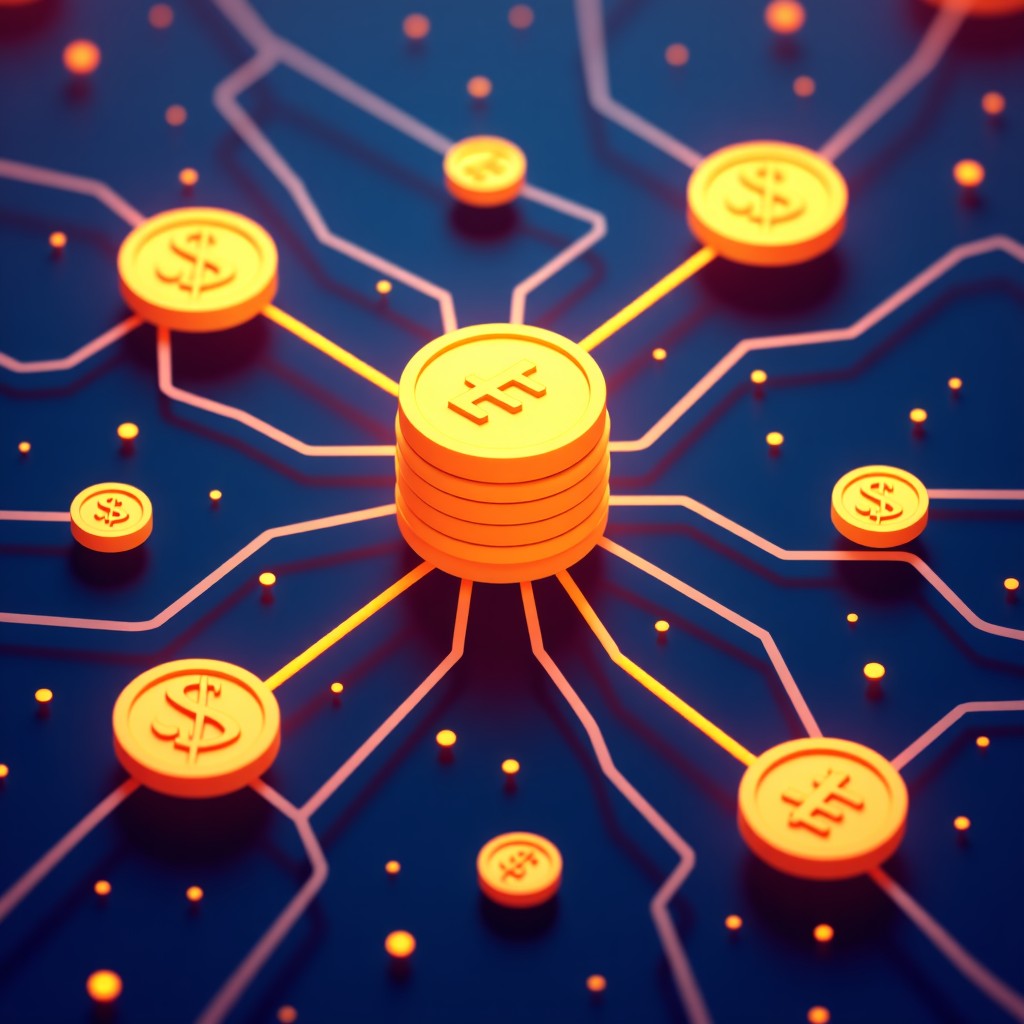 A stylized representation of a neural network connecting golden coins and circuit patterns, representing large scale venture capital funding in AI, vibrant colors, 4:3