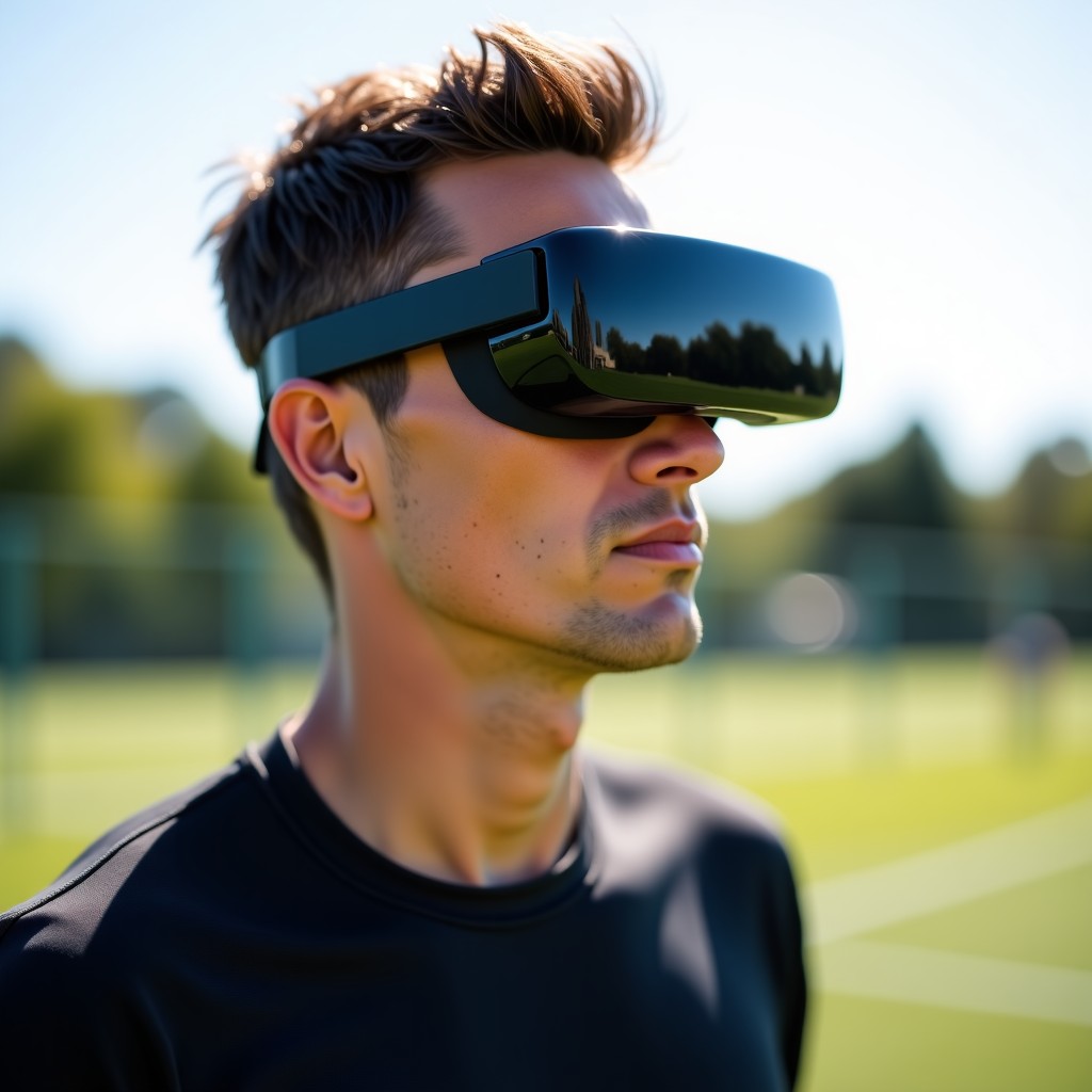 A professional athlete wearing sleek AI smart glasses while training outdoors, POV perspective, highly detailed sports equipment, bright daylight, 4:3
