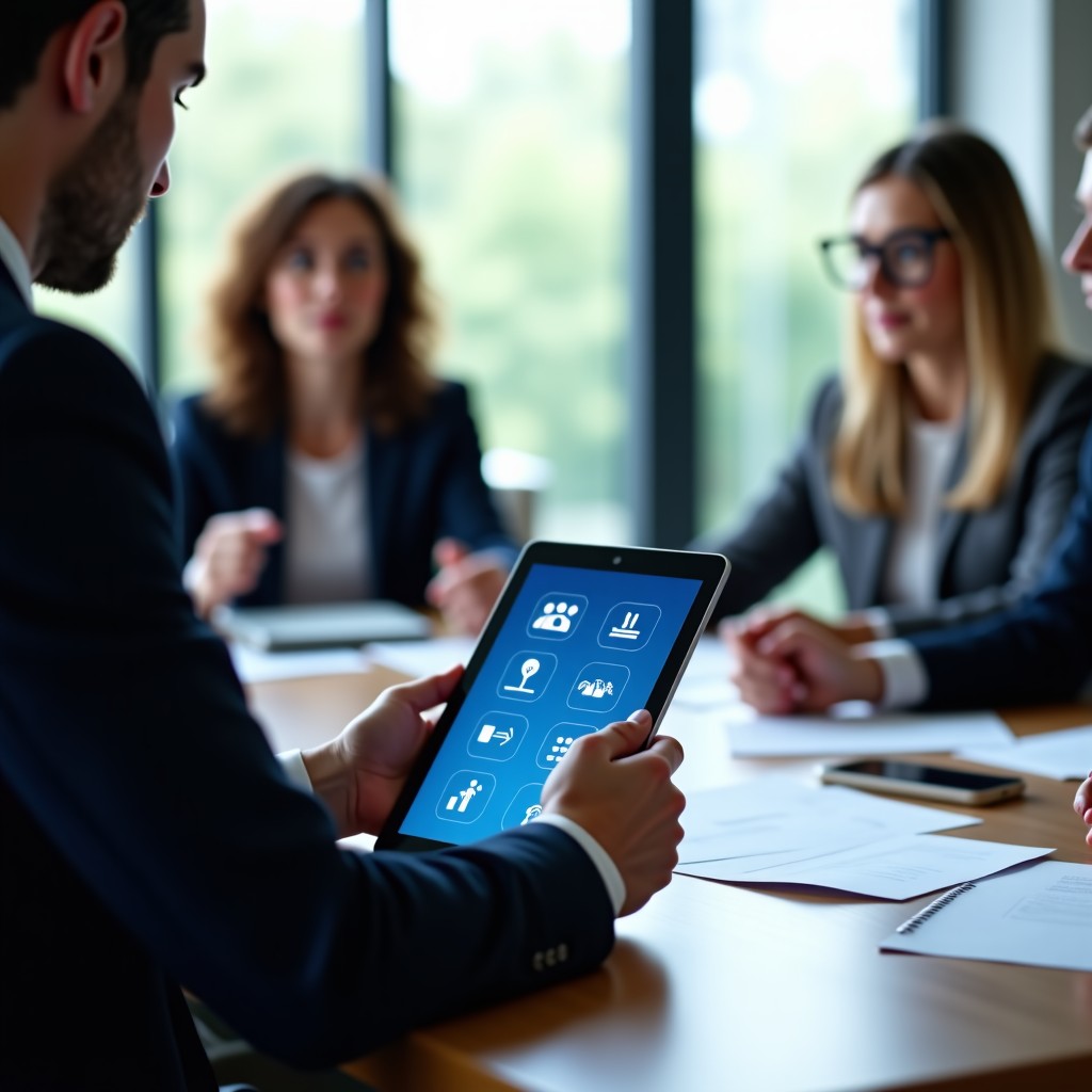A professional boardroom setting where diverse experts are reviewing complex digital documents about AI safety protocols. Close-up on a tablet showing abstract regulatory icons. Soft office lighting, realistic photography. 4:3