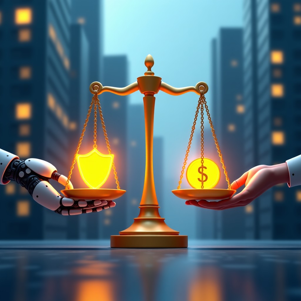 A professional digital illustration of a glowing robotic hand and a human hand holding a balanced scale. On one side of the scale is a shield representing safety, and on the other side is a golden coin representing profit. The background is a futuristic city with soft blue and gold lighting. 4:3