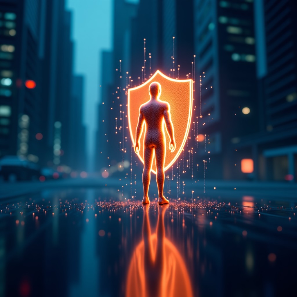 A glowing digital shield protecting a human silhouette from chaotic data streams and digital glitches representing AI safety. 1:1