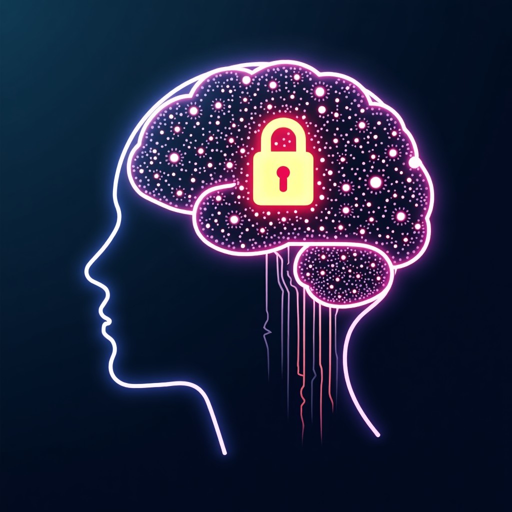 Abstract representation of AI algorithms and data security. A glowing brain silhouette with circuit lines and a lock icon, representing the investigation into Grok AI. High-tech, futuristic style. 4:3