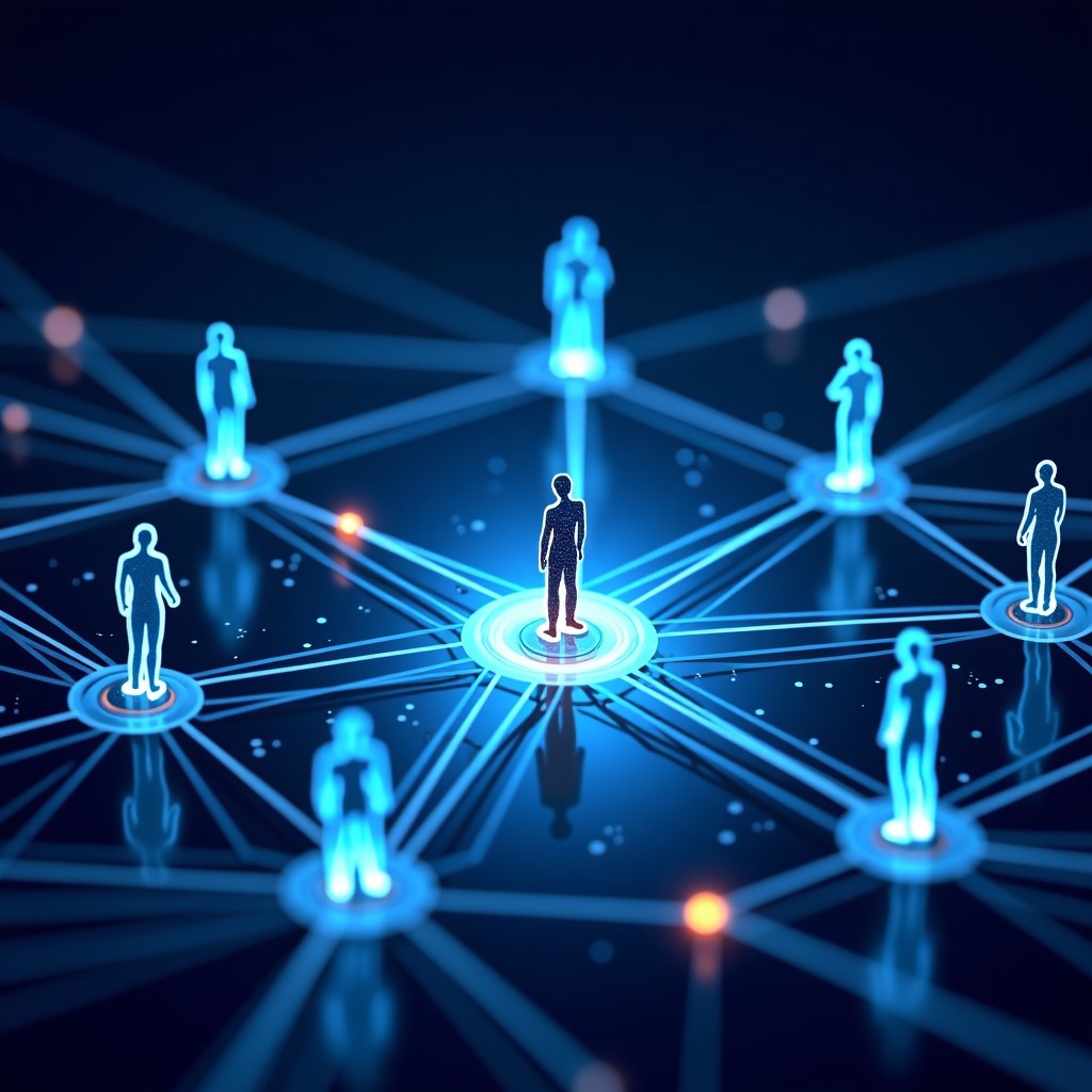 A modern and clean infographic style illustration showing glowing digital nodes and lines connecting diverse human silhouettes. High contrast background with dark blue and neon accents representing AI networking. 4:3