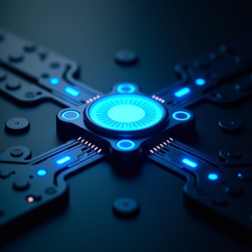A sleek and minimalist representation of a futuristic AI agent core, glowing blue circuits on a dark metallic surface, cinematic lighting, high contrast, 4:3