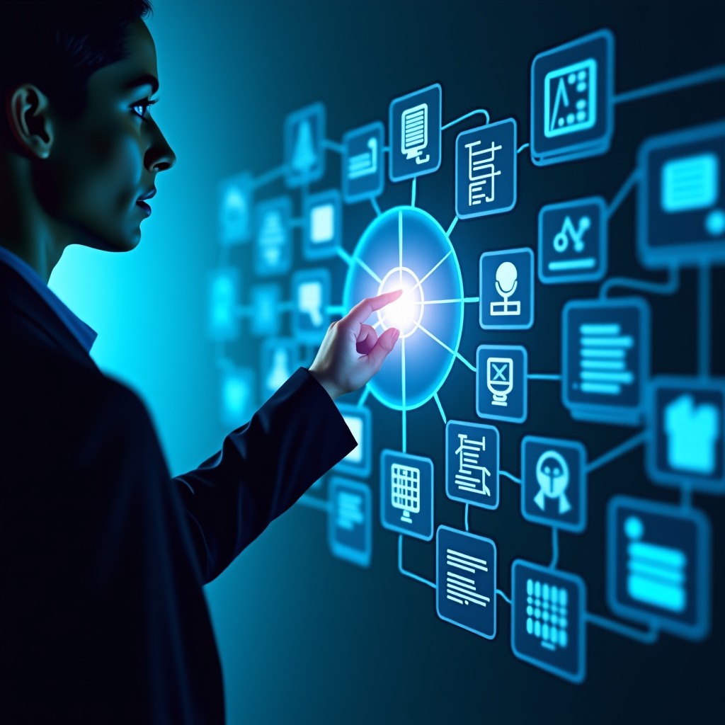 A futuristic digital interface overlay showing an AI agent organizing a user's calendar and documents simultaneously. High-tech glow, sophisticated and intuitive design, 4:3