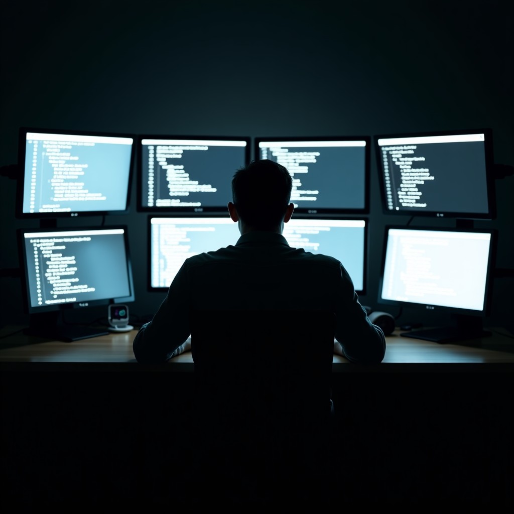 A silhouette of a person sitting in front of multiple screens in a dark room. The screens show code strings and agent logs. The person is unrecognizable, suggesting anonymity. High contrast, cinematic lighting, moody atmosphere. 1:1