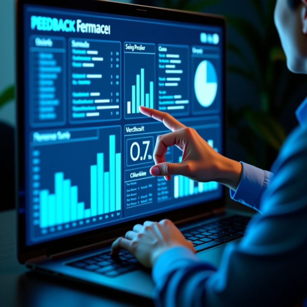 A digital interface showing a feedback loop for an AI agent, similar to a performance review with charts and progress bars. A person's hand is visible interacting with the screen. Professional and analytical style. 1:1