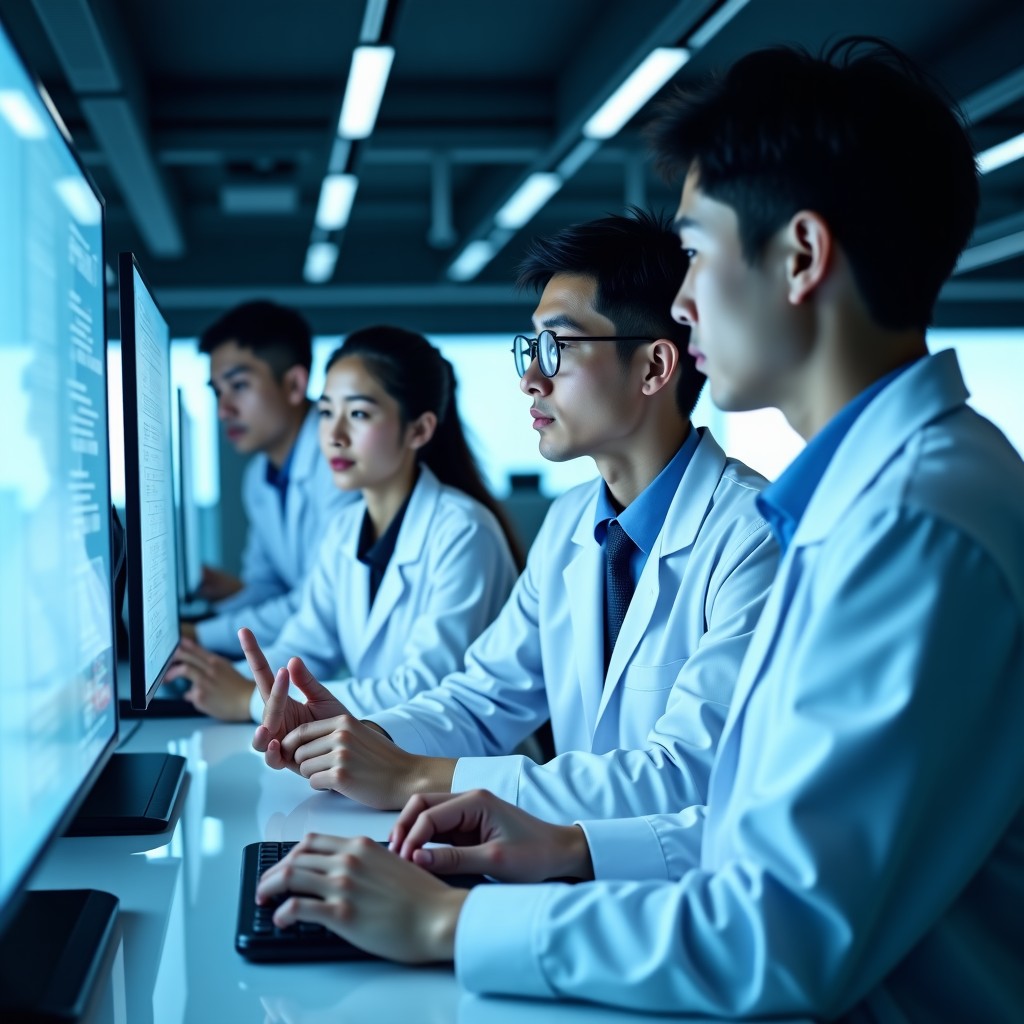 A group of focused AI researchers of Korean descent working in a sleek laboratory. They are discussing complex algorithms on transparent monitors. The lighting is cool and futuristic, showing high-tech innovation. 4:3