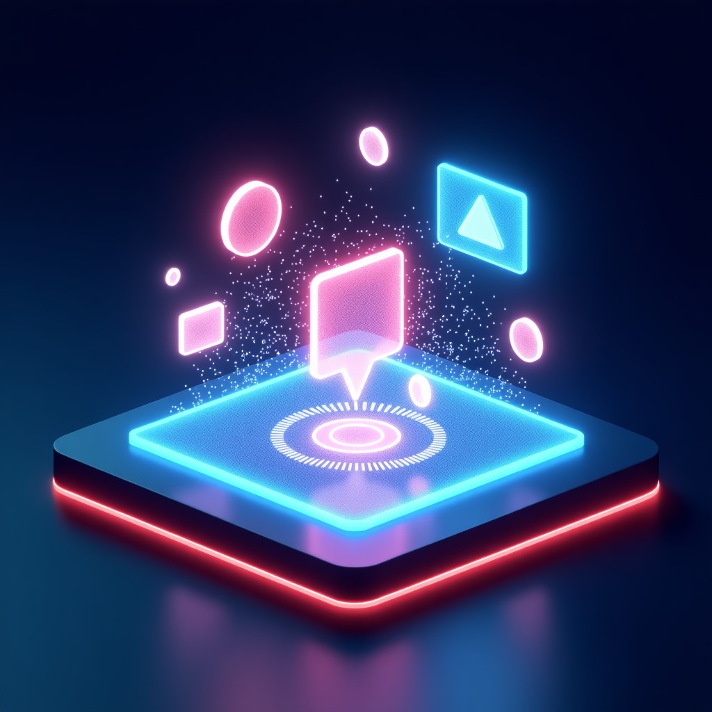A conceptual illustration of AI generating video content. Digital particles forming moving images on a futuristic holographic display. Dark background with neon accents. 4:3
