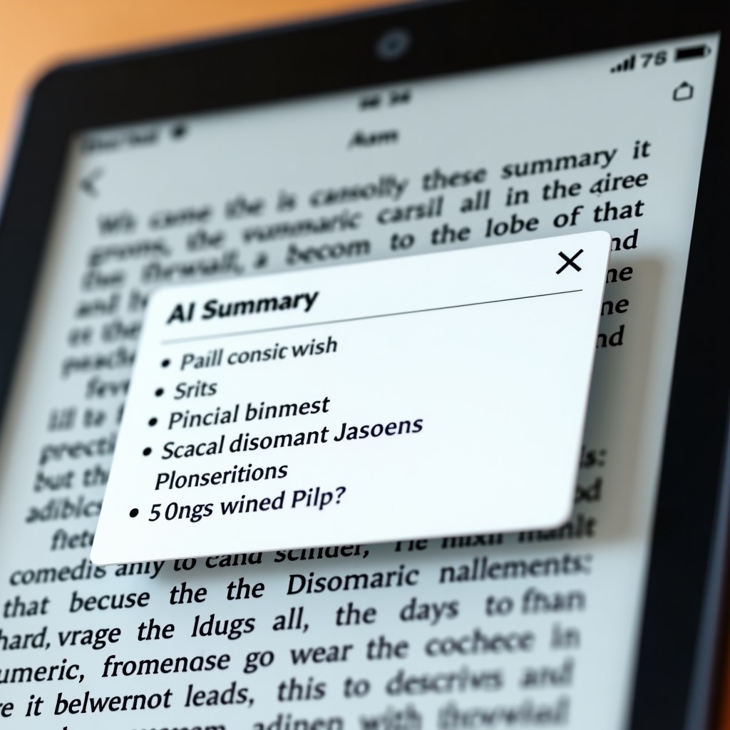 Macro shot of the Kindle Scribe Colorsoft screen showing an AI summary popup window over text. Clean interface design, high resolution, 4:3