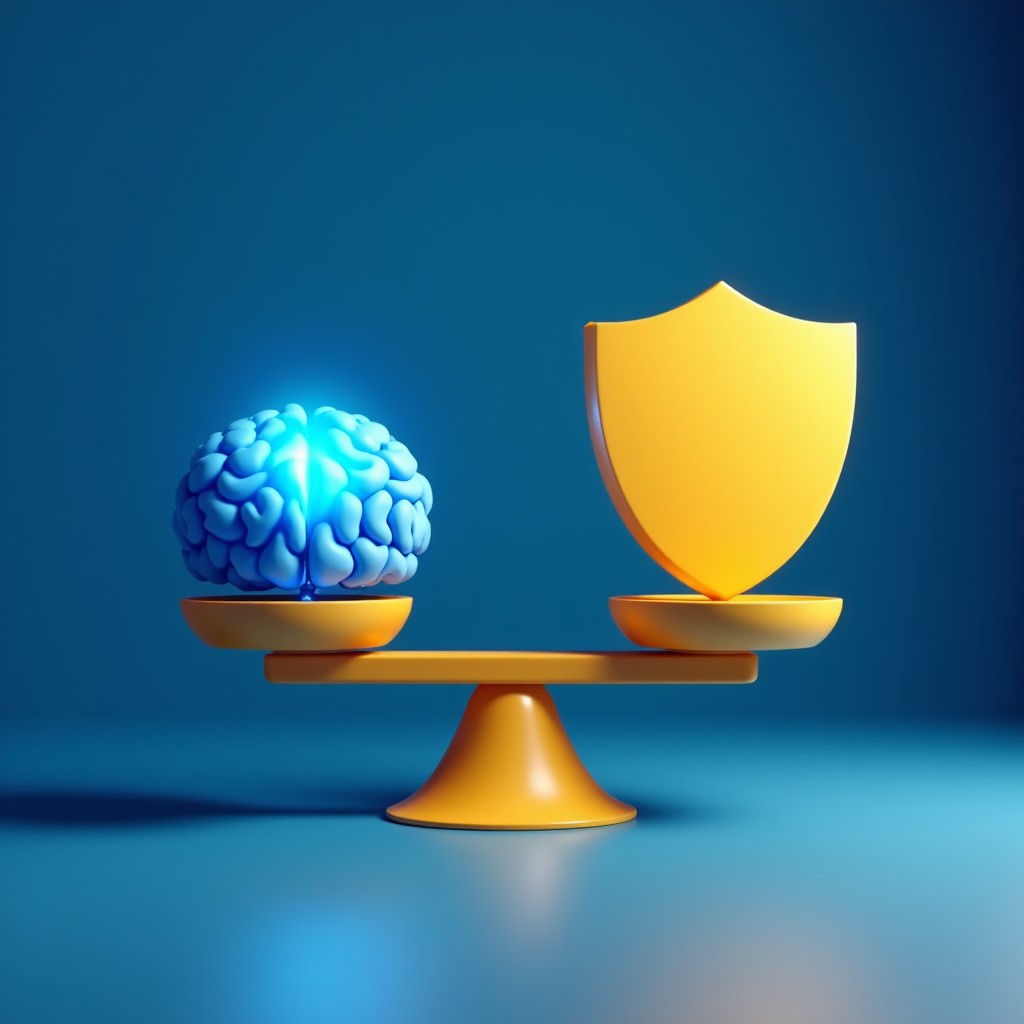 Conceptual illustration of a balance scale with a glowing AI brain on one side and a golden shield on the other, professional 3d render, blue and gold color palette, high contrast, 4:3