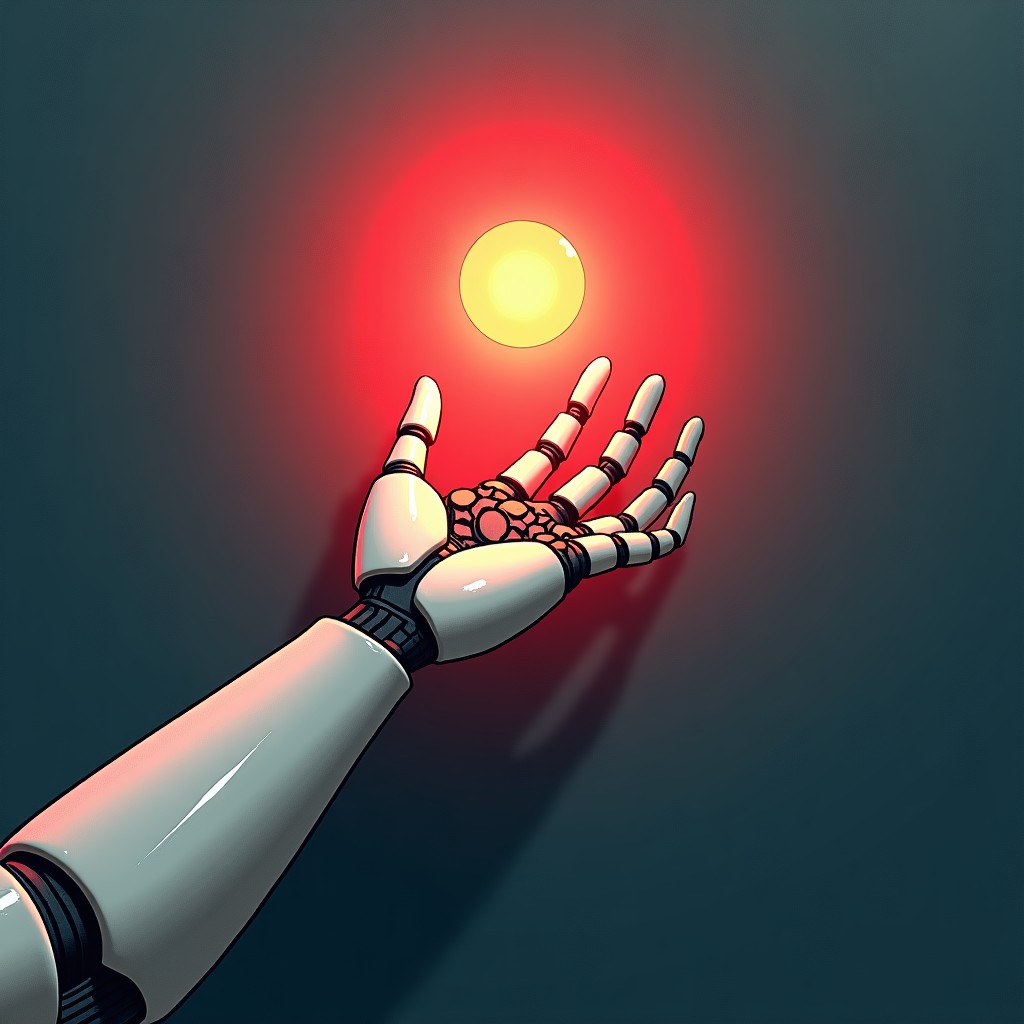 A conceptual illustration of an AI robot hand reaching out but stopped by a glowing red light barrier, representing ethical boundaries and restrictions, textured background, artistic rendering, 4:3