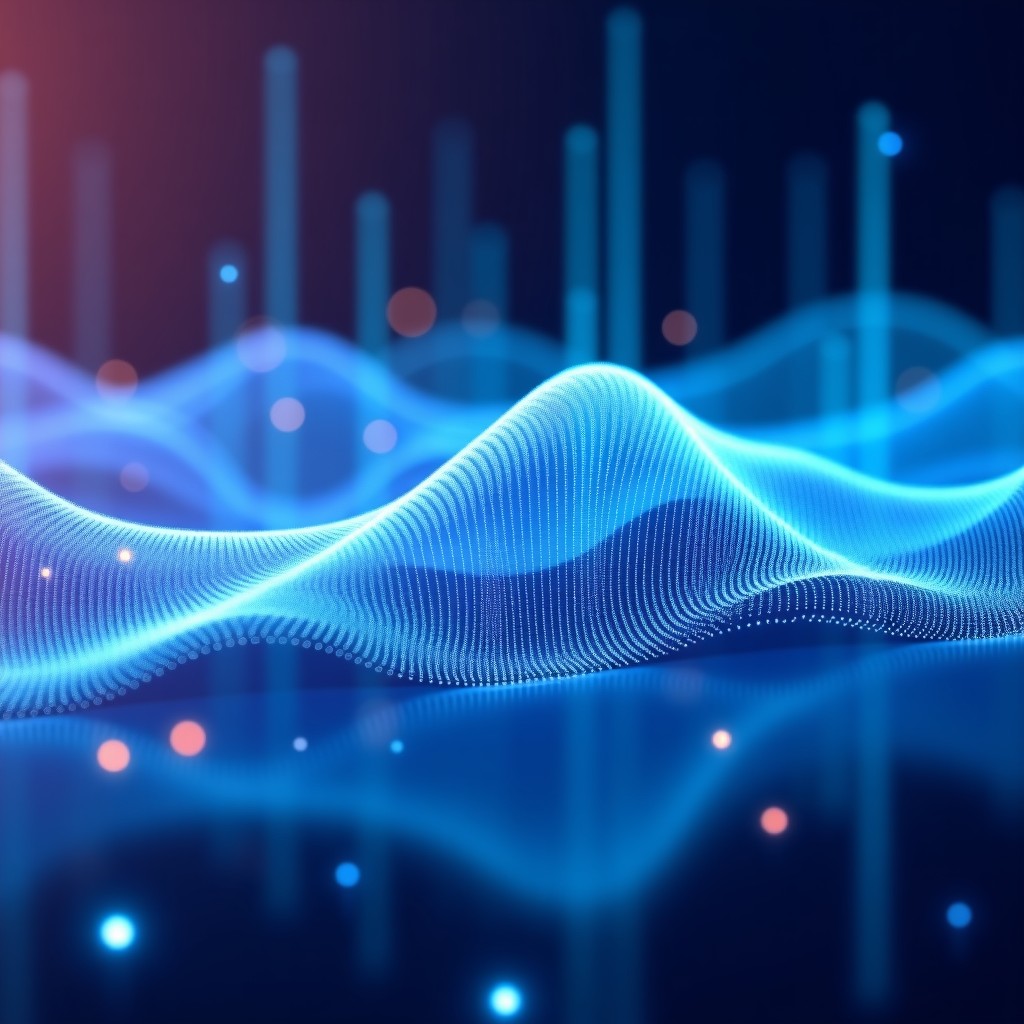 A high-tech laboratory setting with translucent holographic waves representing sound frequencies and neural networks, glowing blue and purple tones, detailed composition, ElevenLabs style innovation, 1:1