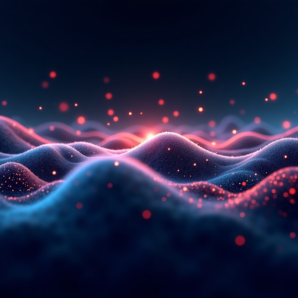 An abstract visualization of digital sound waves and glowing neural network nodes representing artificial intelligence. High contrast, clean layout, futuristic aesthetic. 4:3