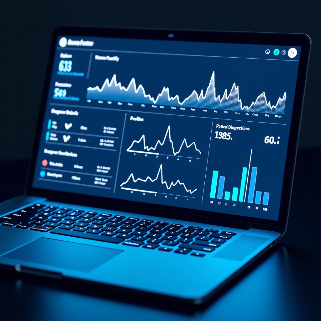 A high-tech medical dashboard displaying patient health data, heart rate graphs, and AI-generated diagnosis suggestions. The UI is clean and sophisticated with blue and white tones. No text. 4:3