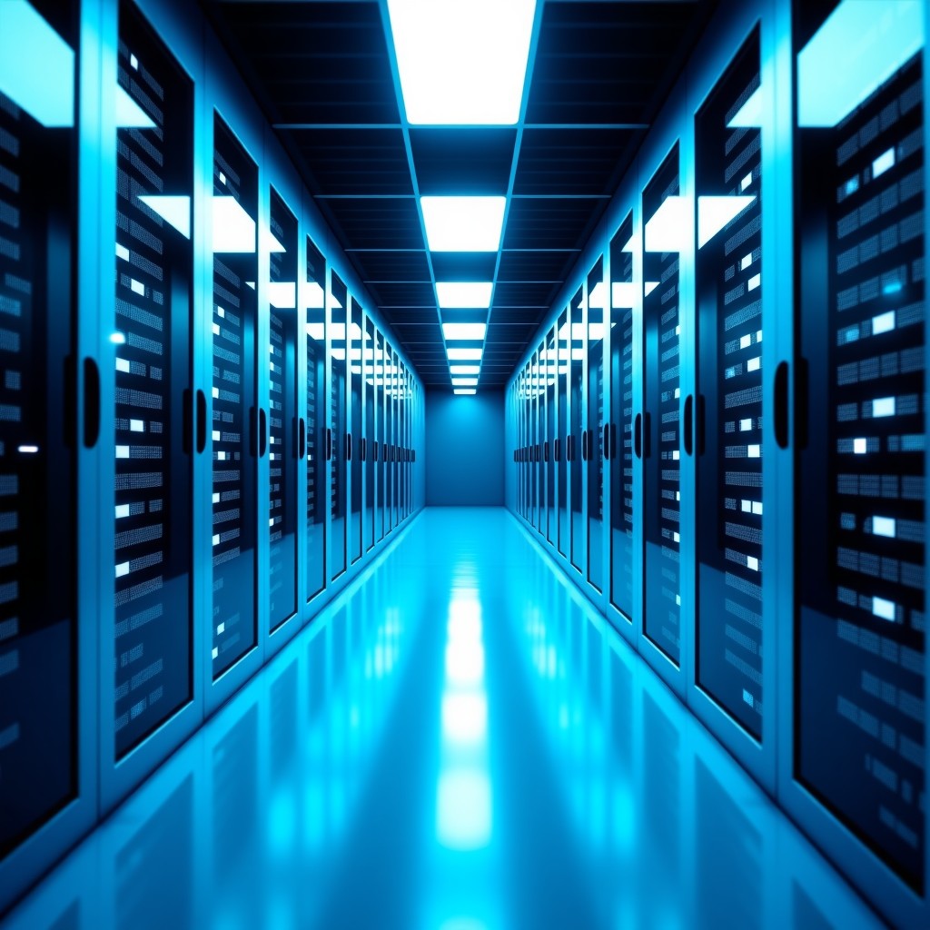 A modern and clean data center interior with servers processing complex AI algorithms, glowing blue and white lights, futuristic technology aesthetic, high angle view, 4:3