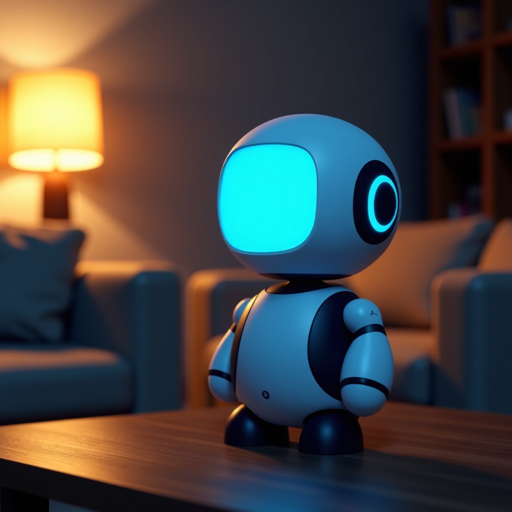 A modern AI toy with a glowing blue eye sitting on a table in a dimly lit living room. The light from the toy creates a cold atmosphere contrasting with the warm wooden furniture around it. Detailed texture. 4:3